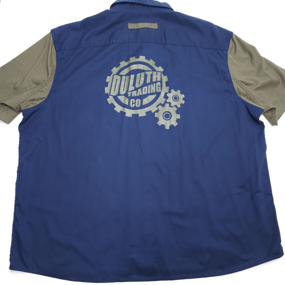Duluth Trading Mens Button Up Short Sleeve 2XL Blue Large Logo Gears